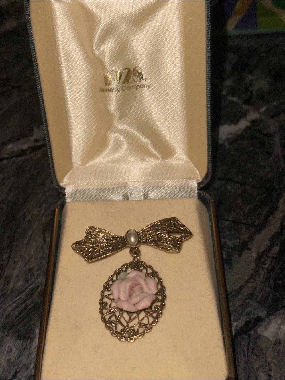 Gold-Tone Bow Brooch with Pink Rose Cameo Pendant
